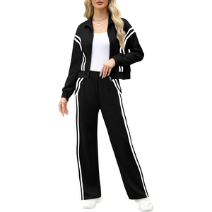 Conjuntos de Salón Negros con Detalles en Contraste para Mujer 2025, Chándal de 2 Piezas, Sudadera y Pantalón de Chándal de Pierna Ancha, Conjunto a Juego - Product Image 1