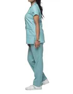 OEM Unisex Cotton Satin Stretch Short Sleeve V-Neck <b>Scrub</b> Top Jogger Cargo Pants <b>Set</b> Hospital Beauty Salon Uniform - Product Image 6