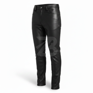 Pantalon slim noir en cuir PU et toile pour homme, 5 poches, cordon de serrage, fermeture éclair, écologique, imperméable, style streetwear, pantalon de motard - Product Image 2