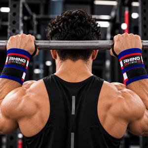 สายรัดข้อมือผ้าฝ้าย RHINO FITNESS แบบตีนตุ๊กแก สำหรับยกน้ำหนัก สีน้ำเงิน แดง ขาว - Product Image 2