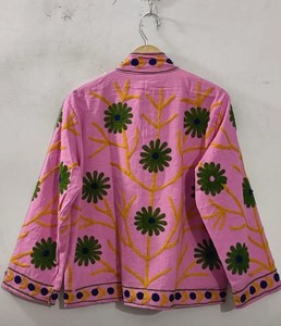 เสื้อแจ็คเก็ตปักลายดอกไม้แขนยาวคอปกสีชมพูสไตล์วินเทจทรงหลวมลำลอง - Product Image 4