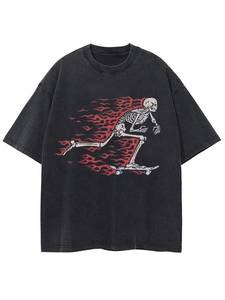 <span class=keywords><strong>T</strong></span>-<span class=keywords><strong>Shirt</strong></span> da Uomo Personalizzata Vintage Lavata Vestibilità Regolare con Grafica Teschio <span class=keywords><strong>Skateboard</strong></span> Collo Tondo Manica Corta Streetwear 100% Cotone OEM - Product Image 1