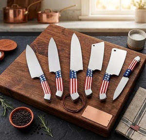 A&M Enterprises Handmade Stainless Steel Kitchen Cutlery <b>Set</b> Flag Pattern Handle Design Straight Edge Damascus Steel <b>Knife</b> <b>Set</b> - Product Image 6