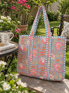 Bolso Tote de Hombro Artesanal de Algodón Floral Acolchado Ligero Lavable con Parte Superior Abierta, de Gran Capacidad, Estampado Bohemio - Product Image 5