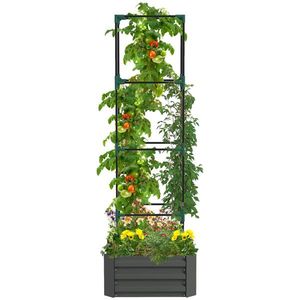 Fioriera Grigia Zincata 61x61x30 cm con Supporto in Rattan, Elegante Recinzione e Traliccio - Product Image 2