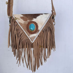 กระเป๋าสะพายข้างหนังวัวแท้ลายขนสัตว์ ดีไซน์ใหม่ล่าสุด ประดับพู่ห้อยสไตล์โบฮีเมียน ตกแต่งด้วยหินสีฟ้าคราม กระเป๋าถือเก๋ไก๋ ขายดี กระเป๋าใบเล็ก - Product Image 1