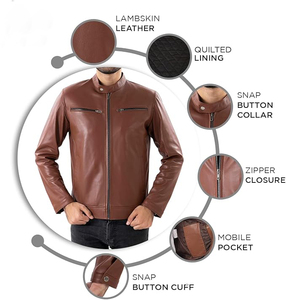 Chaquetas de Cuero Genuino Marrón para Hombre, Estilo Urbano, con Cuello de Botones a Presión, Disponibles al por Mayor - Product Image 6