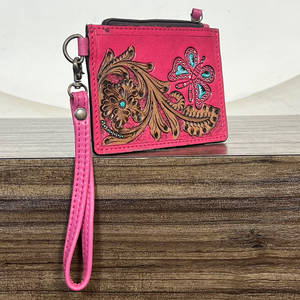 Cartera de Cuero Genuino Hecha a Mano con Diseño Floral y de Mariposas en Rosa y Turquesa, Portamonedas y Tarjetero para Uso Diario Femenino - Product Image 2