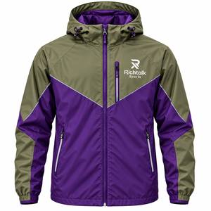 Veste coupe-vent à capuche, couleur olive et violet, style sportif, fermeture éclair sur le devant, logo, hiver, séchage rapide, streetwear - Product Image 1