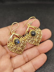 labradorite Export Brass Gemstone Drop <b>Earrings</b> Bulk Handcrafted Gold Plated Finish Pattern Bezel - Product Image 3