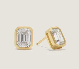 14k Yellow Gold Solitaire <b>Studs</b> Earrings 1.20 Ct <b>Emerald</b> Cut Lab Grown Diamond - Product Image 2