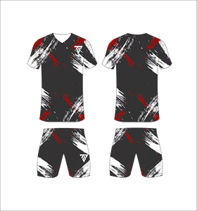 Ensemble de maillots de football personnalisés sublimés noir, rouge et blanc, col en V, manches courtes, évacuation de l'humidité, coupe athlétique pour adultes, toutes saisons - Product Image 1