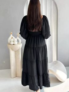 Robe longue décontractée à col carré et manches mi-longues pour femme, motif floral, personnalisable, en coton et lin, coupe ample, pour l'été - Product Image 5