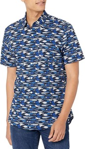 เสื้อเชิ้ตแขนสั้นพิมพ์ลายผ้าฝ้ายลำลองสำหรับผู้ชาย คอวี ระบายอากาศได้ดี เหมาะสำหรับฤดูร้อน ติดกระดุม ผลิตจากวัสดุรักษ์โลก แห้งเร็ว น้ำหนัก 140 กรัม สีฟ้าลายเป็ด - Product Image 3