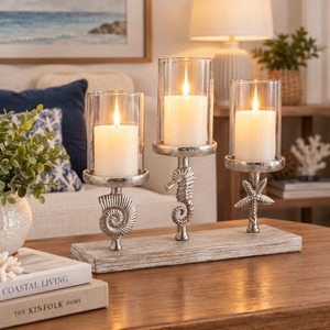 Seashell Seahorse Starfish <b>Candle</b> Holder <b>Set</b> Silver Metal Home Decor - Product Image 2