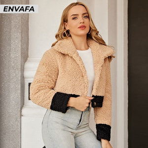 Veste d'hiver en gros, chaude et tendance, courte, en polaire de mouton, avec empiècements en fibre de polyester, pour femme - Product Image 6