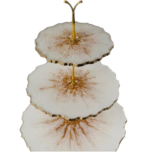 2-Tier White Resin Cake Stand with <b>Silver</b> Accents Handmade Epoxy Dessert Display Stand For Weddings & Party Table Decor On Sale - Product Image 2