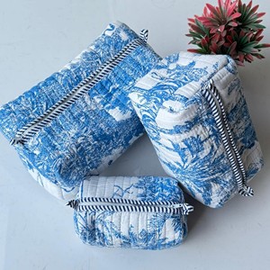 Blue White Tropical Print Cotton Cosmetic Organizer Toiletry <b>Bag</b> Set Multi-Function Large Size Classic Style No Zipper - Product Image 2