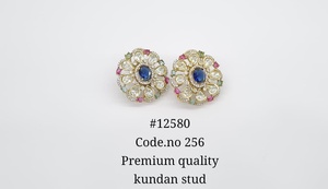 ต่างหูแบบติดหู 12580Kundan ดีไซน์ดอกไม้โบราณ ทำจากทองเหลือง ประดับพลอยสีเขียวชมพู สำหรับผู้หญิง - Product Image 3