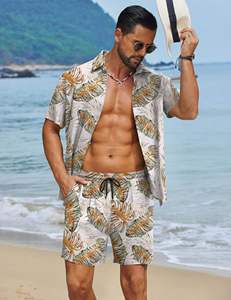 Conjunto de Camisa de Manga Corta con Botones y Pantalones Cortos a Juego con Estampado de Hojas Tropicales para Hombre, Atuendo Ligero Informal de Playa para Verano - Product Image 6