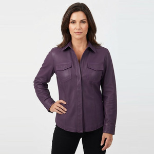Women's Soft Genuine <b>Leather</b> Fashion <b>Shirt</b> Purple Cowhide <b>Leather</b> Button Front Long Sleeve Collar Formal Summer Knitted - Product Image 6