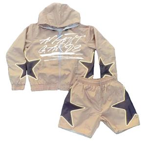 2024 hommes ensembles deux pièces personnalisé coupe-vent sport short et veste survêtement réfléchissant zip up sweat à capuche survêtement nylon ensemble court - Product Image 2