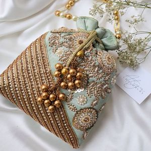 Best Supplier Peach Silk Potli Bag <b>Sequin</b> Floral Embroidery Luxury Women Wedding Bridal Drawstring Purse Ethnic Evening Handbag - Product Image 4