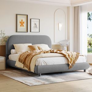 Letto matrimoniale imbottito in tessuto Teddy Fleece, design elegante a curva, con tessuto spesso e struttura solida, colore grigio. - Product Image 1