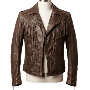 Men's Brown Genuine Leather <b>Biker</b> <b>Jacket</b> With Fringe Turn-down Collar Zipper Closure Regular Fit Autumn Wear - Product Image 2