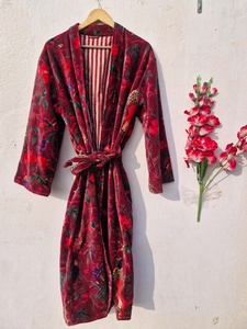 OFMD Pink Bird Velvet Banyan Fabric Kimono Cotton Velvet <b>Robe</b> Long, Original OFMD break up <b>robe</b> Printed Kimono With Tassels - Product Image 1