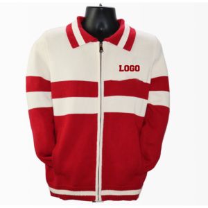 Cárdigan de punto unisex a rayas con cuello vuelto y cremallera completa, estilo vintage, con letras griegas personalizadas para fraternidades y hermandades universitarias. - Product Image 1