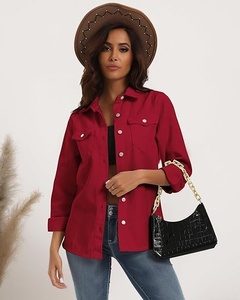 Chemise boutonnée en coton rouge pour femmes, manches trois quarts, couleur unie, col rabattu, coupe régulière, hauts de loisirs toutes saisons - Product Image 1