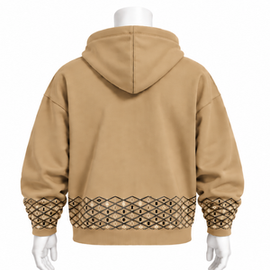 Sweat-shirt à capuche oversize en molleton kaki pour homme avec bordure brodée, poche kangourou et ourlet décoratif – Idéal pour l'hiver - Product Image 2