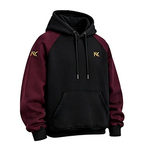<b>Men's</b> Black <b>Burgundy</b> Color Block <b>Hoodie</b> Embroidered Logo Raglan Sleeve 100% Cotton Fleece Pullover Casual - Product Image 2