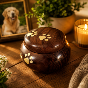 Urna Funeraria de Madera Vintage para Mascotas, Color Marrón, con Tapa y Base con Huella de Pata, para Exhibición Conmemorativa - Product Image 1