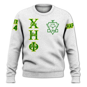 เสื้อสเวตเตอร์ไหมพรมคอกลมสีขาวเขียวลายตัวอักษรกรีก Chi Eta Phi สำหรับผู้ชาย ทรงปกติ สวมใส่สบาย - Product Image 1