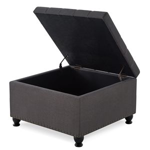 Tavolino da Caffè Grigio Scuro Imbottito con Bottoni e Finiture a Chiodi, Grande Pouf Quadrato con Vano Contenitore e Gambe in Legno per Soggiorno - Product Image 5