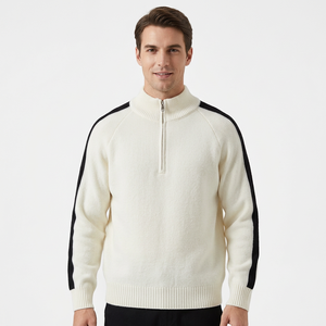 Suéter de punto para hombre con bloques de color, cuello simulado acanalado, manga larga, hombros caídos y cremallera de un cuarto, transpirable por delante - Product Image 4