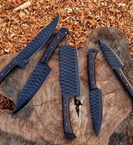 LEGACY BLADES 5-Piece Handmade Damascus Steel <b>Knife</b> <b>Set</b> Black Coated Straight Edge Wooden Handle Ambidextrous Design - Product Image 5