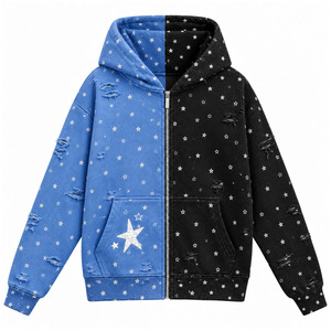 Sweat-shirt unisexe à capuche zippé imprimé étoiles, déchiré, vieilli, délavé, color block, streetwear - Product Image 1