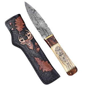Cuchillo de Caza de Acero de Damasco con Patrón de Hoja Ondulada Distintivo, Construcción Artesanal y Acabados de Mango Personalizados para Actividades al Aire Libre - Product Image 1