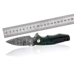 Couteau pliant en acier Damas personnalisé en gros, 18,5 cm, manche en Micarta anti-traces, couteau de poche OEM, outil de camping, étui en cuir - Product Image 3