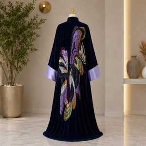 Luxury Elegant Navy Blue Velvet <b>Kaftan</b> Multicolor <b>Sequin</b> Embroidery | Designer Open Front Islamic Abaya Floor Length Long Sleeve - Product Image 5