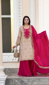 Ensemble Salwar brodé de créateur pour femme, tenue de soirée, Kurta ethnique, Palazzo et Dupatta - Product Image 1