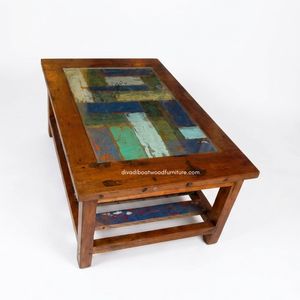 Rustic Solid Wood Durable Eco-Friendly Handmade <b>Coffee</b> <b>Table</b> Storage Glass Top Antique Finish Indoor Outdoor Living Room - Product Image 1