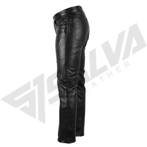 SALVA LEATHER Premium Leather Satin Lining Casual Fit 4 Pocket <b>Black</b> Waterproof Winter Midweight Motorcycle Riding <b>Pants</b> for Men - Product Image 3