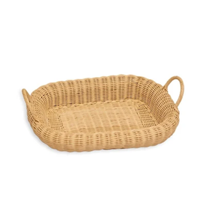 Plateau rond en rotin tressé avec un motif de feuilles roses et une base en mosaïque de nacre, disponible à prix de gros. - Product Image 6