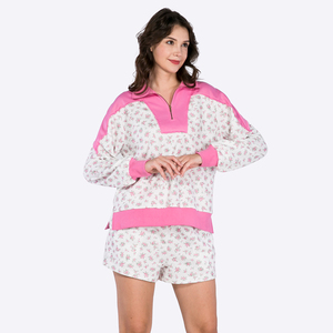 Ensemble 2 pièces imprimé floral pour femmes, avec haut à fermeture éclair et bordure rose, coupe ample décontractée, vêtements de printemps et d'été - Product Image 4