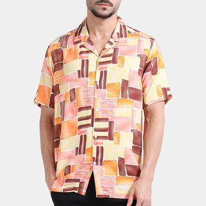 Chemise décontractée à manches courtes pour homme, imprimé géométrique, col rabattu, tissage estival, popeline à motifs, coupe classique - Product Image 5