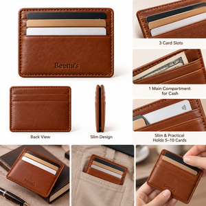 Beena's Genuine Leather <b>Card</b> Holder Minimalist Design Brown Laser Engraved Credit <b>Card</b> <b>Case</b> - Product Image 5